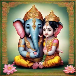 A young boy and girl, placed together in reverence, praying to Lord Ganesha. The elephant-headed deity is vibrant and elaborate, observing their innocent devotion in a peaceful, spiritual atmosphere.