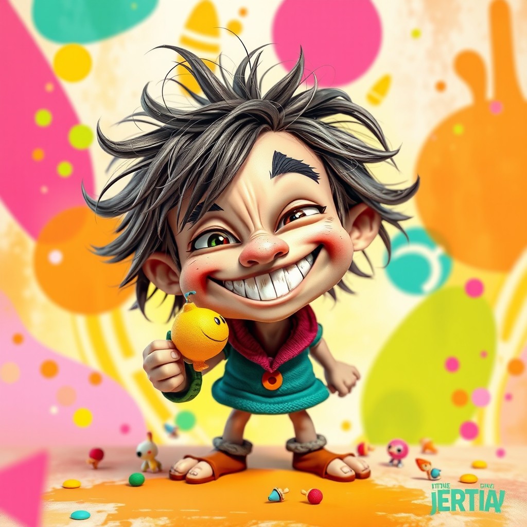 A quirky, mischievous character holding a colorful object, with a playful grin on their face