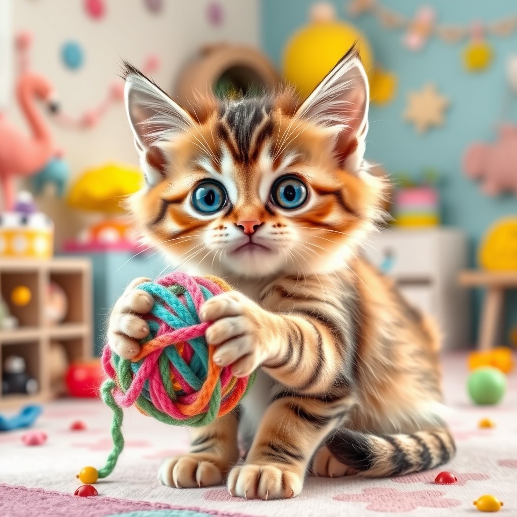 A cute, mischievous cat holding a colorful toy or yarn ball, with wide eyes and a playful expression