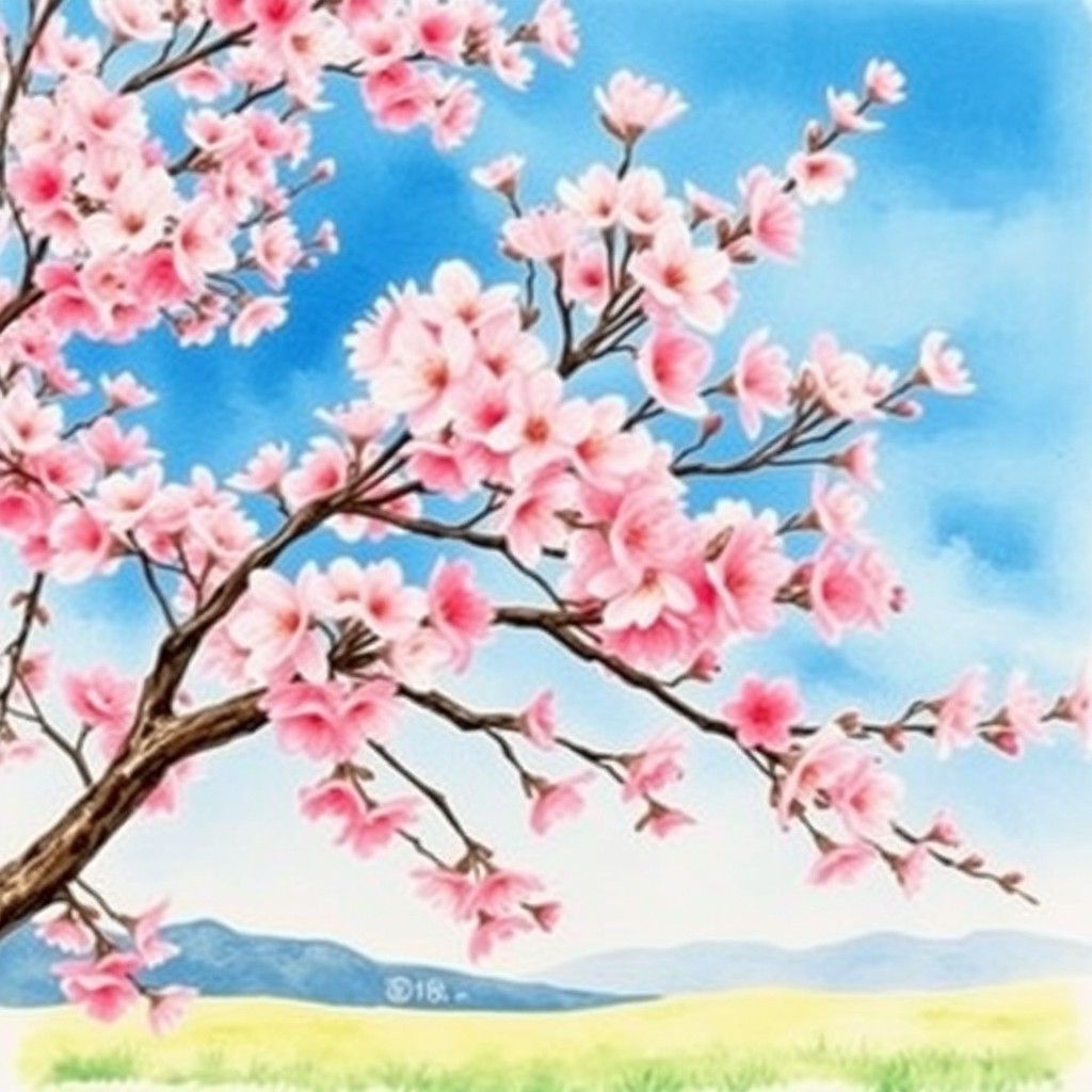 A beautiful watercolor painting of a cherry blossom tree in full bloom, showcasing delicate pink flowers against a clear blue sky