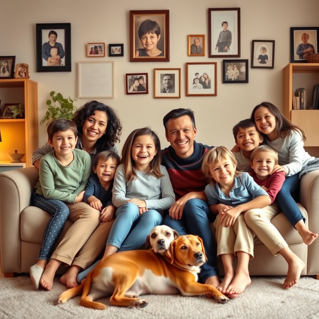 A warm and loving family portrait, featuring a diverse group of family members of varying ages and backgrounds