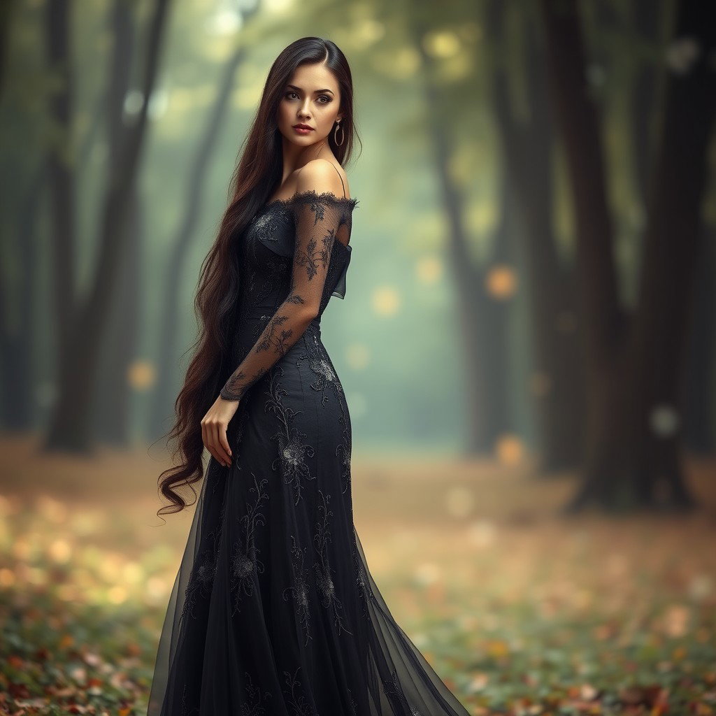 A visually stunning woman styled as depicted in the second reference image, wearing a long, elegant gown with dark hues and delicate floral designs