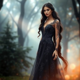 A visually stunning woman styled as depicted in the second reference image, wearing a long, elegant gown with dark hues and delicate floral designs