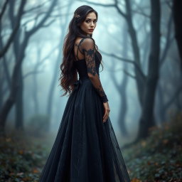 A visually stunning woman styled as depicted in the second reference image, wearing a long, elegant gown with dark hues and delicate floral designs