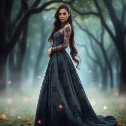 A visually stunning woman styled as depicted in the second reference image, wearing a long, elegant gown with dark hues and delicate floral designs