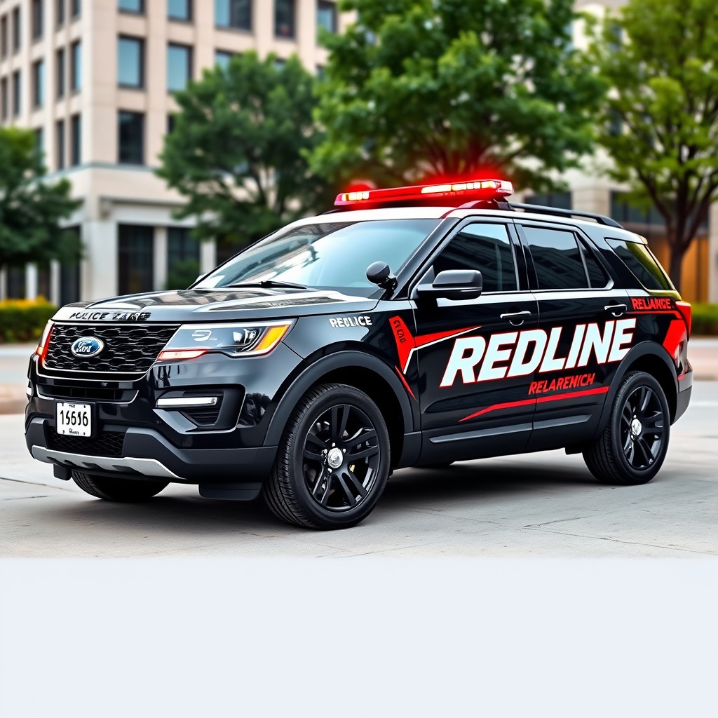 A sleek, modern Ford Explorer designed as a police vehicle, featuring a striking design that incorporates the county name 'Redline' prominently on both sides