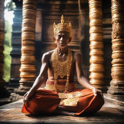 A Balinese priest, adorned in traditional attire, sits peacefully in a intricate temple in Bali. He is unique, featuring six arms, each in a symbolic gesture. Sunlight gently filters in, illuminating the scene.