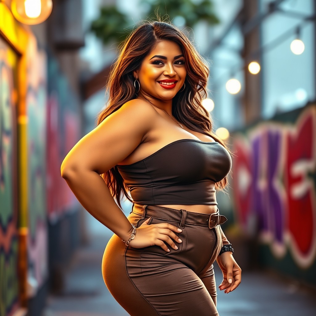 A beautiful curvy woman posing confidently, showcasing her voluptuous figure in a stylish outfit that accentuates her curves