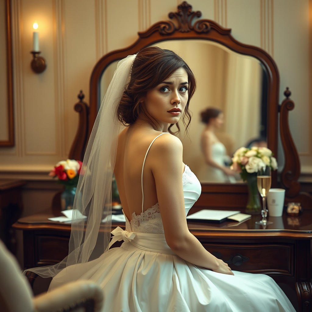 A scene depicting a white woman with brown hair and eyes, seated in front of a vintage wooden vanity mirror, styled in a classic design