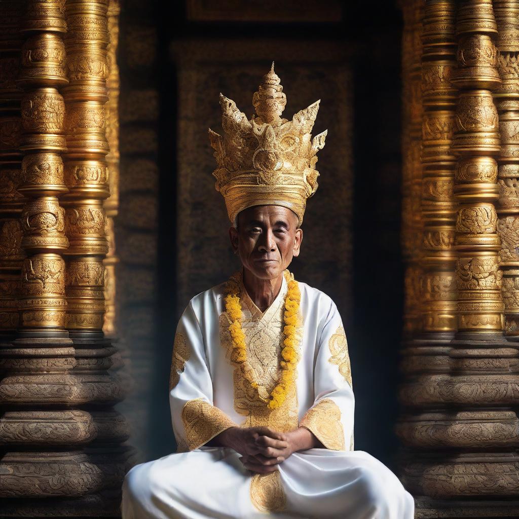 A Balinese priest, adorned in traditional attire, sits peacefully in a intricate temple in Bali. He is unique, featuring six arms, each in a symbolic gesture. Sunlight gently filters in, illuminating the scene.