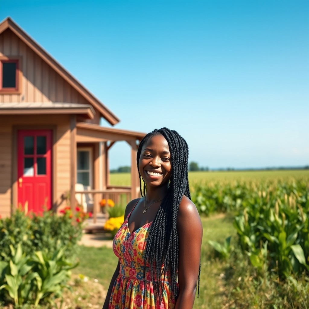 A beautiful black woman with braided hair, standing in front of a charming small house, with a cornfield stretching out in the background under a clear blue sky