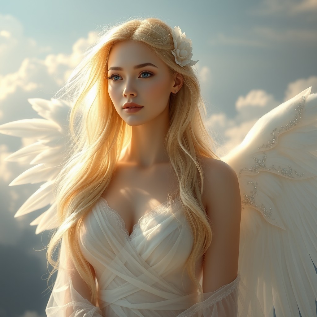 A stunning, beautiful angelic figure with long, flowing blonde hair