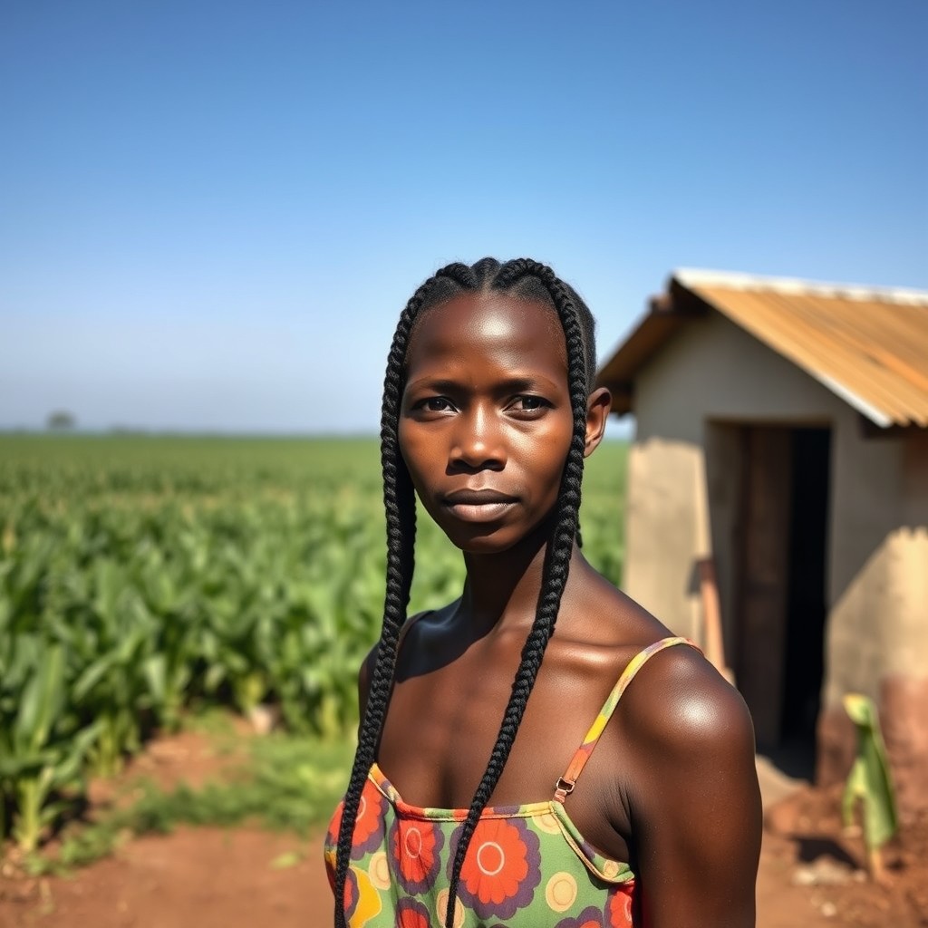 A slender, impoverished black woman with braided hair, standing in front of a small, modest house