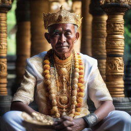 A Balinese priest, adorned in traditional attire, sits peacefully in a intricate temple in Bali. He is unique, featuring six arms, each in a symbolic gesture. Sunlight gently filters in, illuminating the scene.