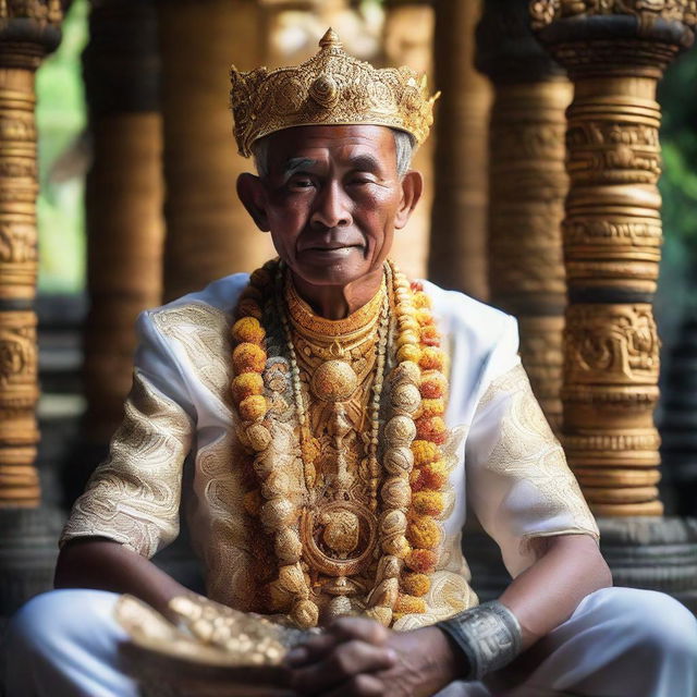 A Balinese priest, adorned in traditional attire, sits peacefully in a intricate temple in Bali. He is unique, featuring six arms, each in a symbolic gesture. Sunlight gently filters in, illuminating the scene.