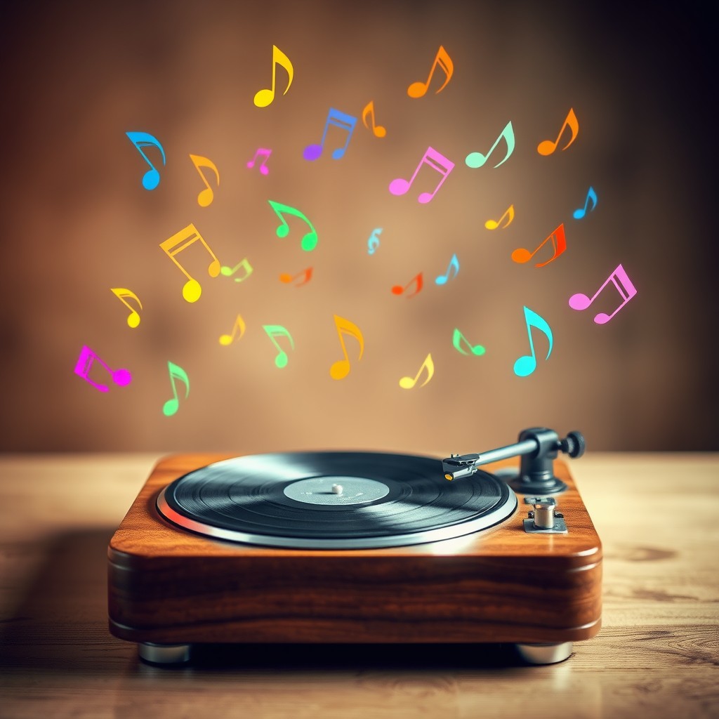 A vintage turntable set against a soft-focus background, surrounded by floating multicolored musical notes radiating energy