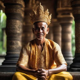 A Balinese priest, adorned in traditional attire, sits peacefully in a intricate temple in Bali. He is unique, featuring six arms, each in a symbolic gesture. Sunlight gently filters in, illuminating the scene.