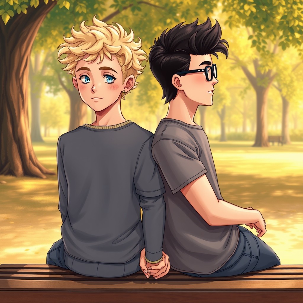 A realistic book cover illustration featuring two teenage boys sitting on a park bench, holding hands and facing each other