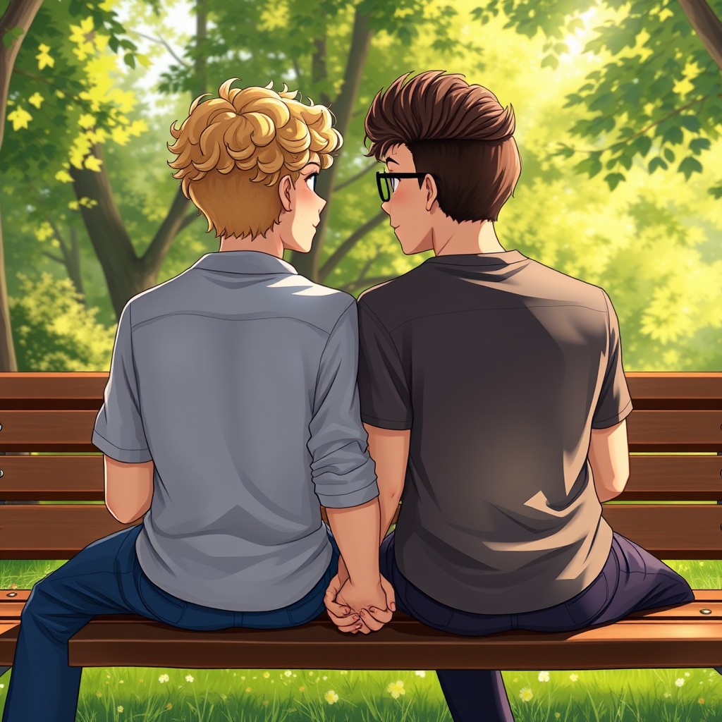 A highly realistic book cover illustration featuring two teenage boys sitting on a park bench, holding hands and facing each other