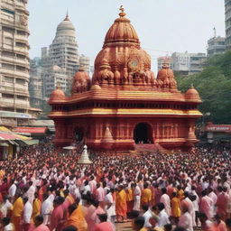 A picturesque view of the famed Siddhivinayak Temple in Mumbai, a revered place of worship dedicated to Lord Ganesha. Detail the crowded street in front with fervent devotees and bustling market stalls.