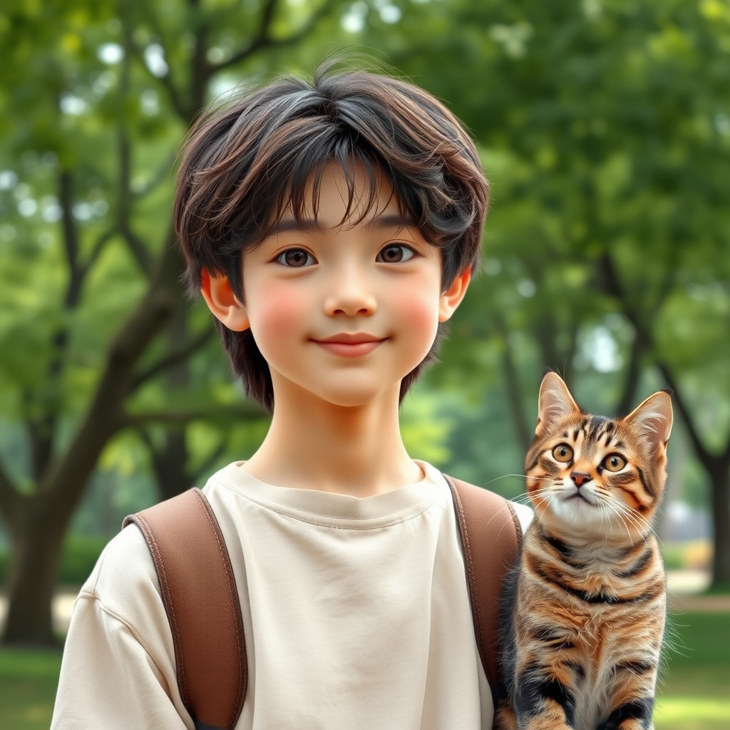 A young 17-year-old male with slightly yellowish skin, dark brown medium-long hair, and almond-shaped bitter coffee brown eyes, standing alone in a park