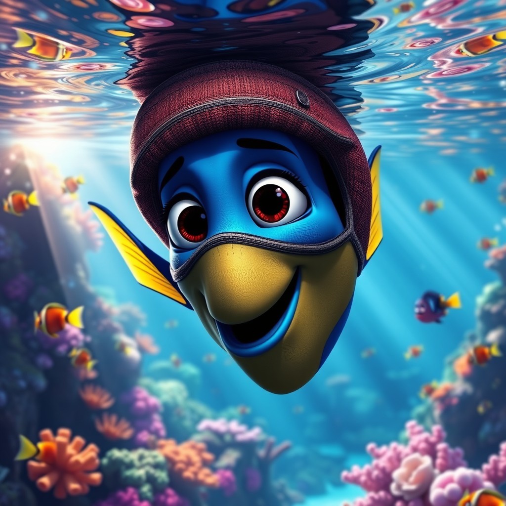A reinterpretation of Dory from Finding Nemo, depicted with a darker complexion and wearing a ski mask