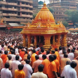 A picturesque view of the famed Siddhivinayak Temple in Mumbai, a revered place of worship dedicated to Lord Ganesha. Detail the crowded street in front with fervent devotees and bustling market stalls.