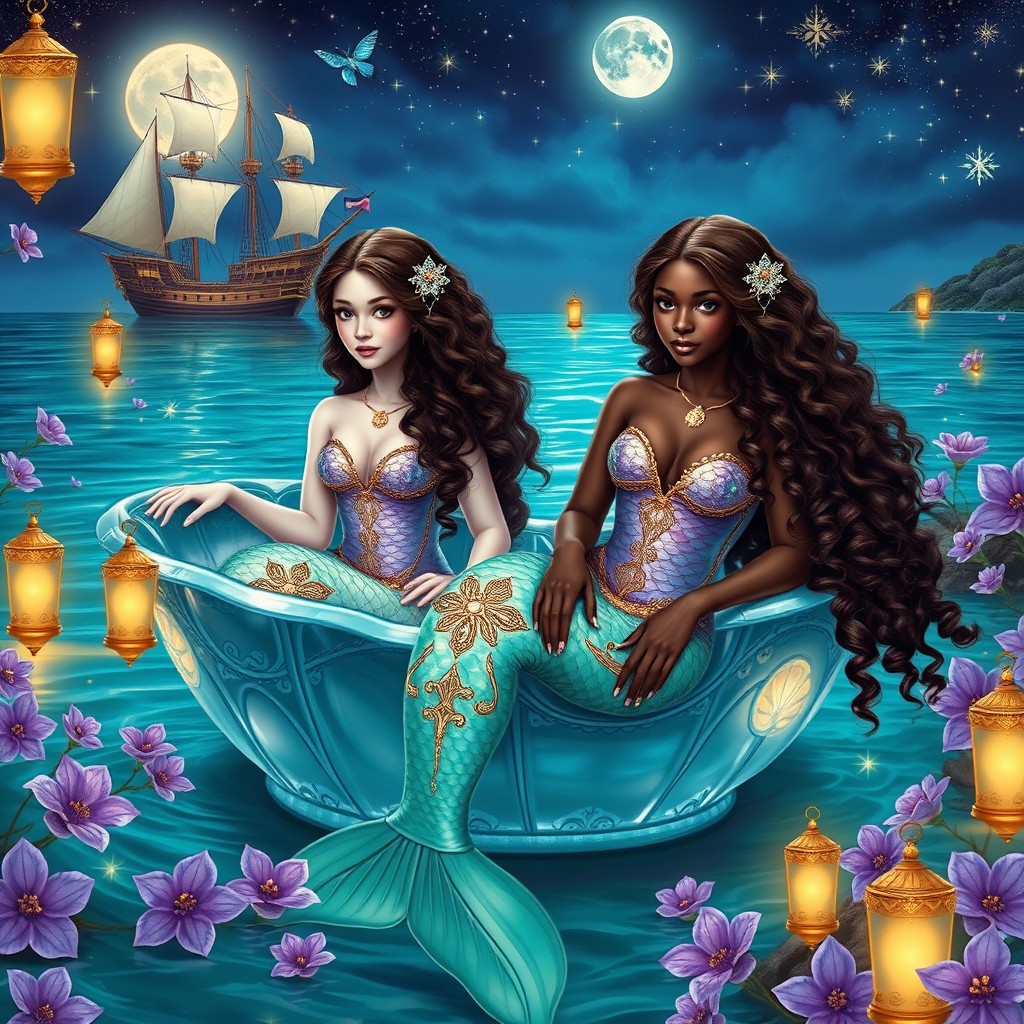 A stunning painting of two beautiful adult mermaids, both with very long, curly mahogany brown hair