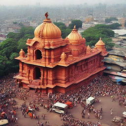 A picturesque view of the famed Siddhivinayak Temple in Mumbai, a revered place of worship dedicated to Lord Ganesha. Detail the crowded street in front with fervent devotees and bustling market stalls.