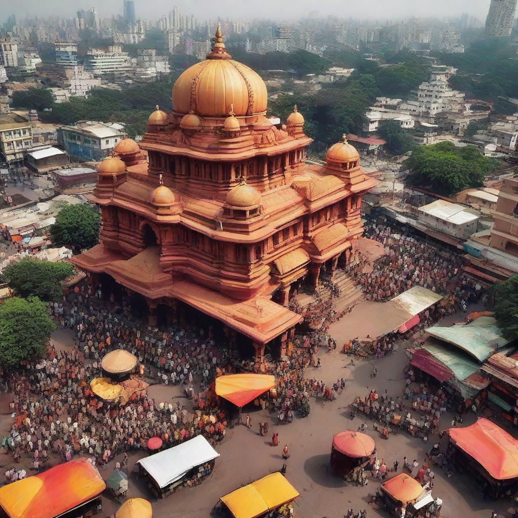 A picturesque view of the famed Siddhivinayak Temple in Mumbai, a revered place of worship dedicated to Lord Ganesha. Detail the crowded street in front with fervent devotees and bustling market stalls.