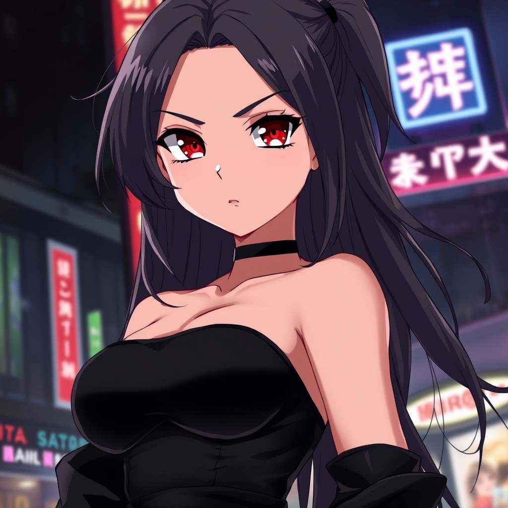 An anime girl with a serious expression, striking red eyes, and long white eyelashes