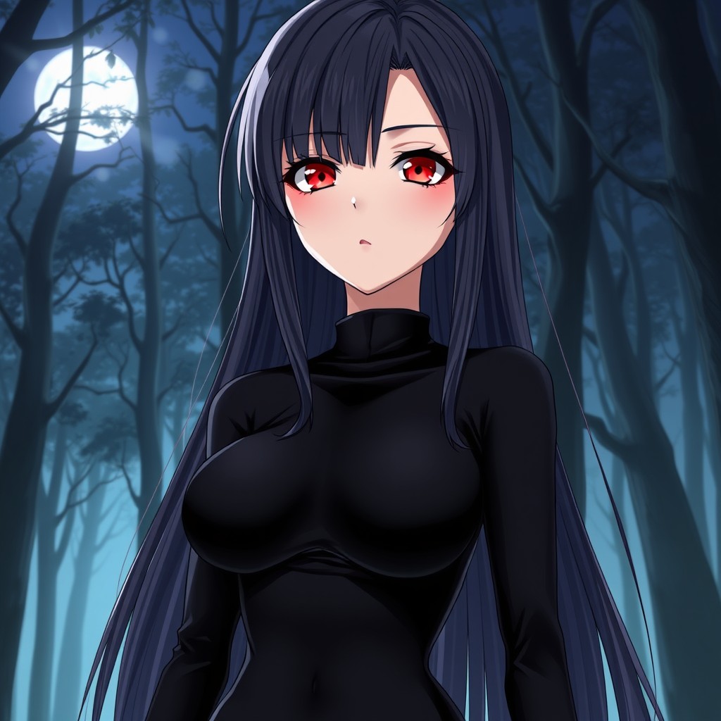An anime girl with a serious expression, tall stature, and long straight hair