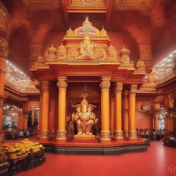 An enriching image of the Siddhivinayak Temple, an iconic spiritual structure in Mumbai dedicated to Lord Ganesha. Highlight its unique architectural elements, the vibrant crowd of devotees, and serene atmosphere.