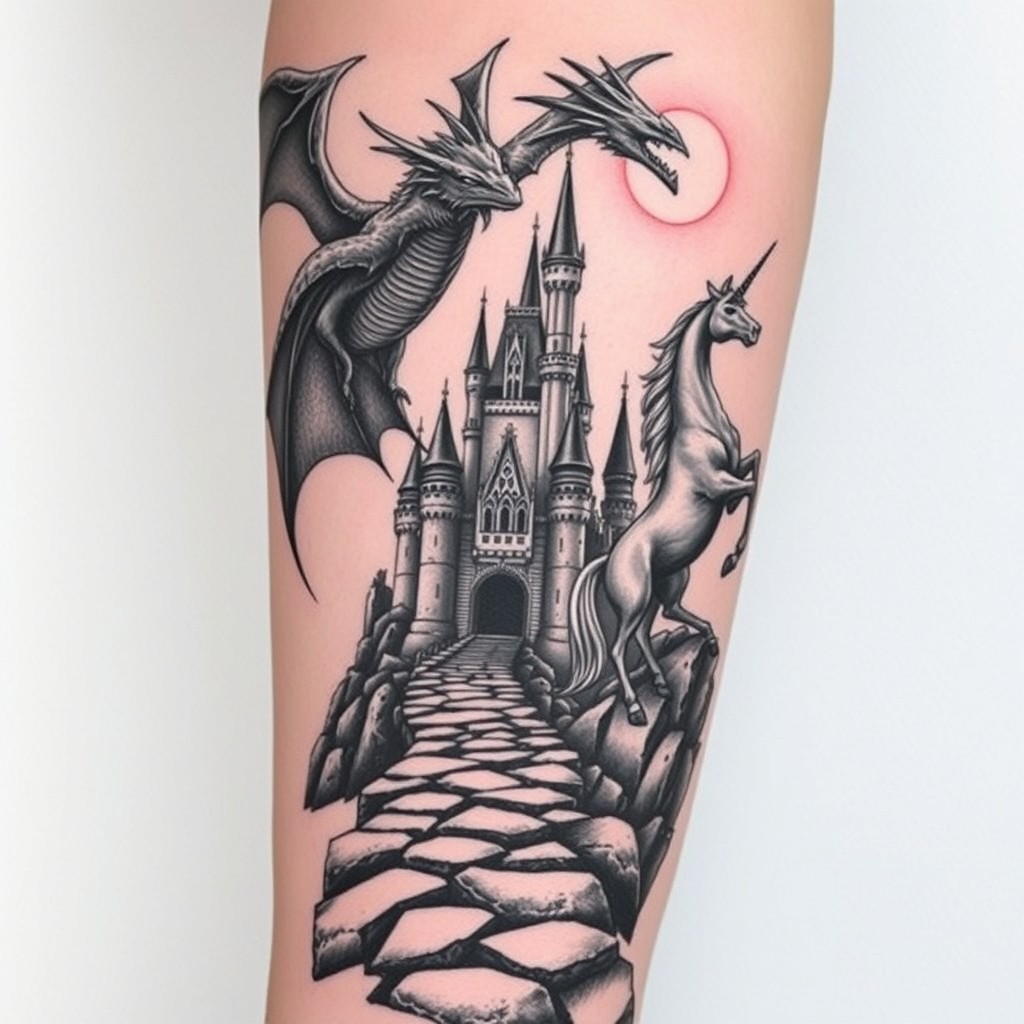 A fairytale castle stands tall and imposing at the end of a long, slithering path made of rough rocks that wind their way toward its grand entrance