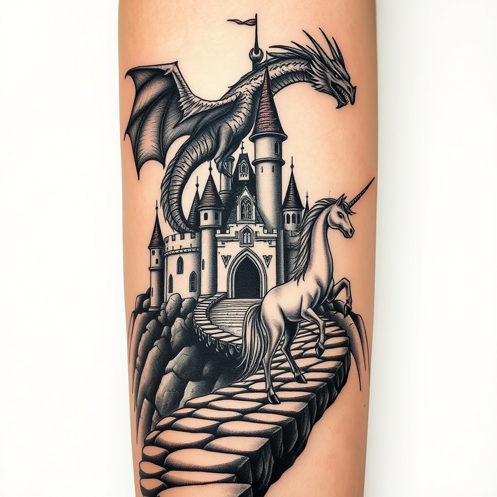An enchanting yet eerie fairytale castle stands grandly at the end of a winding, slithering path made of rugged rocks that lead towards its entrance
