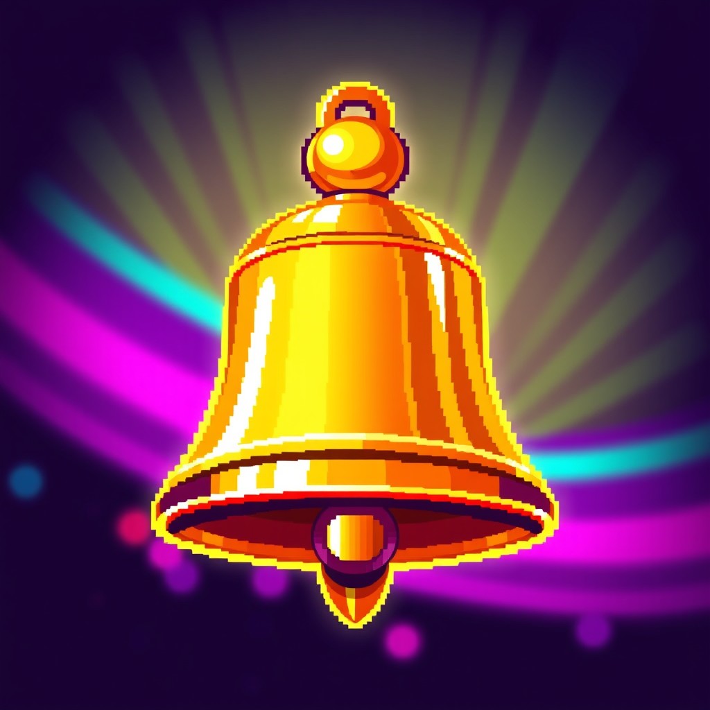 A colorful pixel art design of a classic bell symbol, measuring 32x32 pixels, suitable for a slot machine