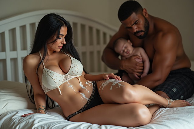 A light-skinned Mexican woman with long straight black hair, a medium-large curvy build, very thick toned legs, and wide hips