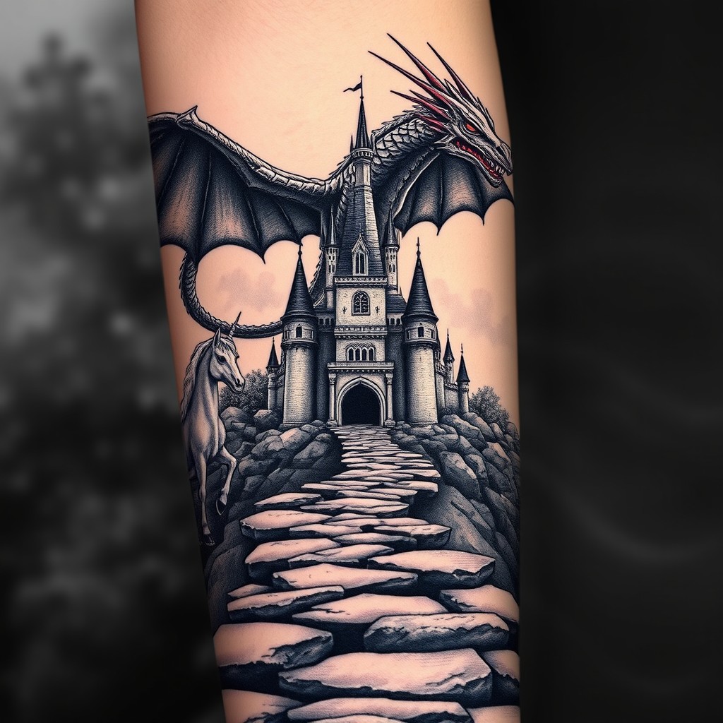 A hauntingly beautiful fairytale castle looms at the end of a long, slithering path made of rough, textured rocks winding towards its majestic gates