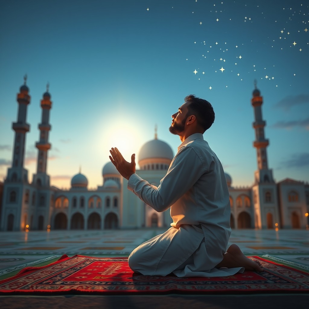 A serene and tranquil scene depicting a person performing Tawba, the Islamic act of repentance