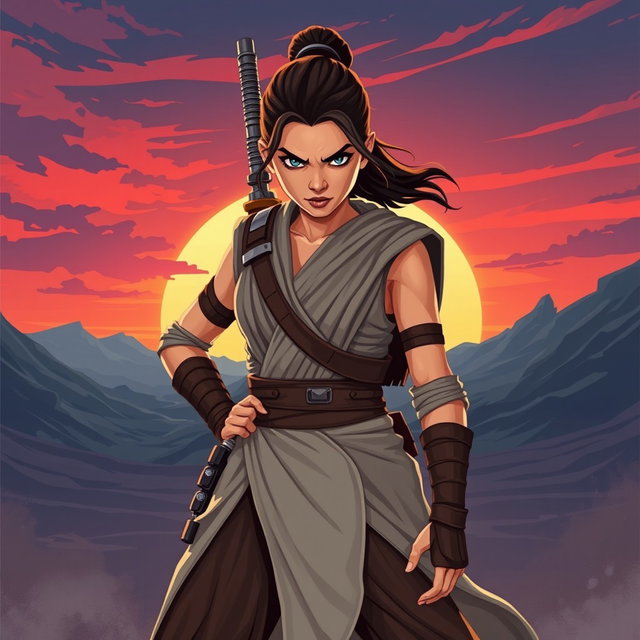 A stylized depiction of Rey Skywalker, a strong and confident female character from the Star Wars universe, standing in a powerful pose