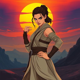 A stylized depiction of Rey Skywalker, a strong and confident female character from the Star Wars universe, standing in a powerful pose