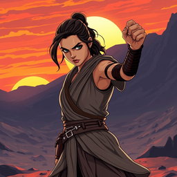 A stylized depiction of Rey Skywalker, a strong and confident female character from the Star Wars universe, standing in a powerful pose