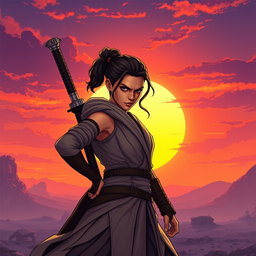A stylized depiction of Rey Skywalker, a strong and confident female character from the Star Wars universe, standing in a powerful pose