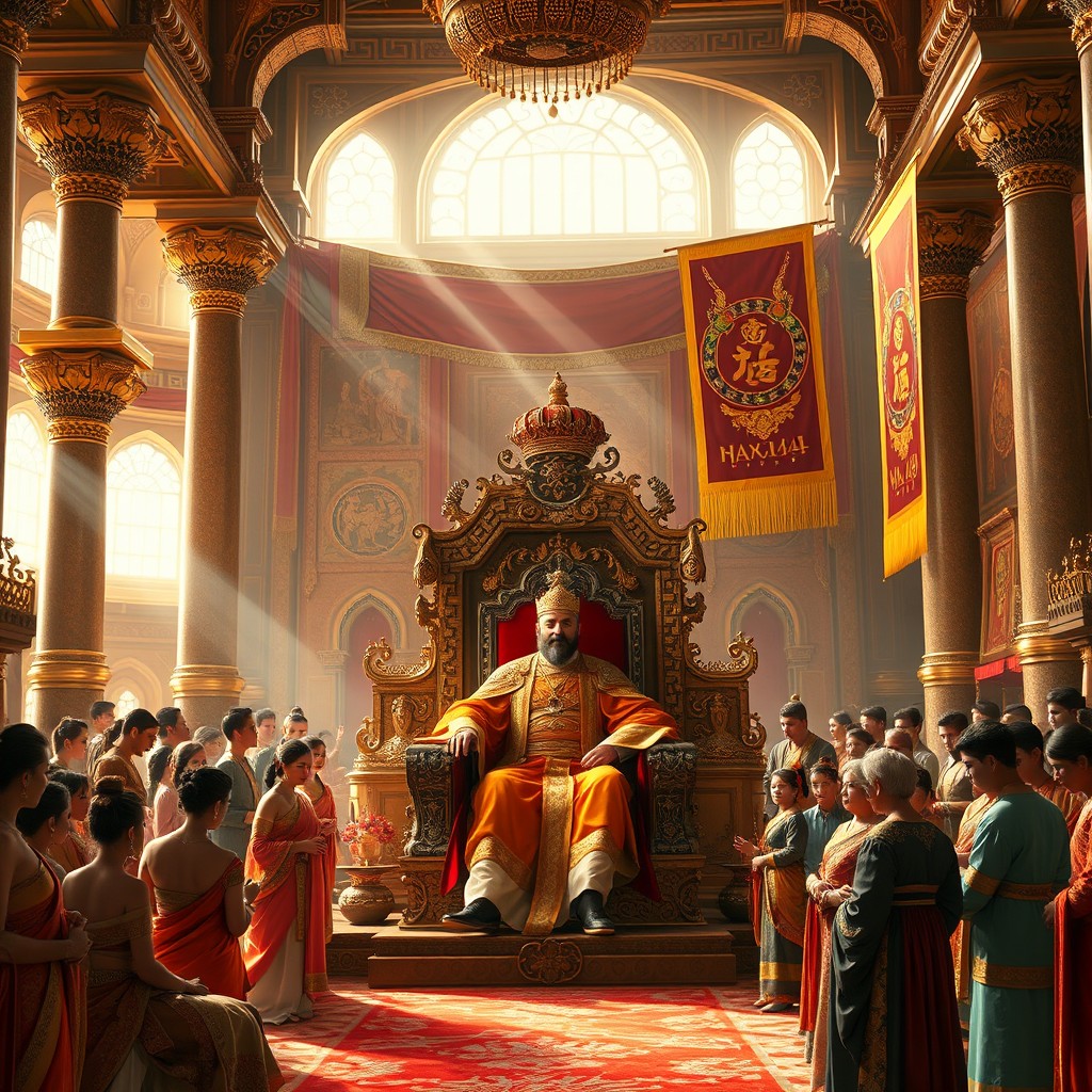An opulent scene set in the grand court of the Nanad Dynasty, showcasing the royal throne adorned with intricate carvings and rich fabrics