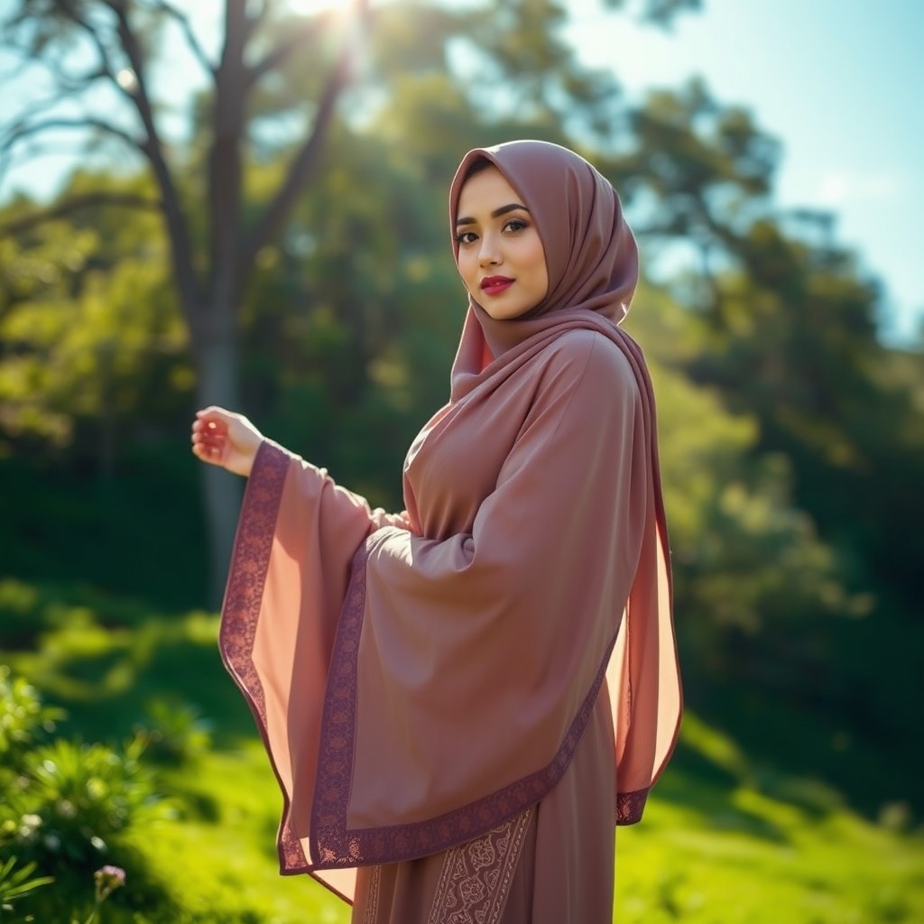 A woman wearing a jilbab, gracefully positioned in a stunning, natural landscape, showcasing the beauty of modest fashion