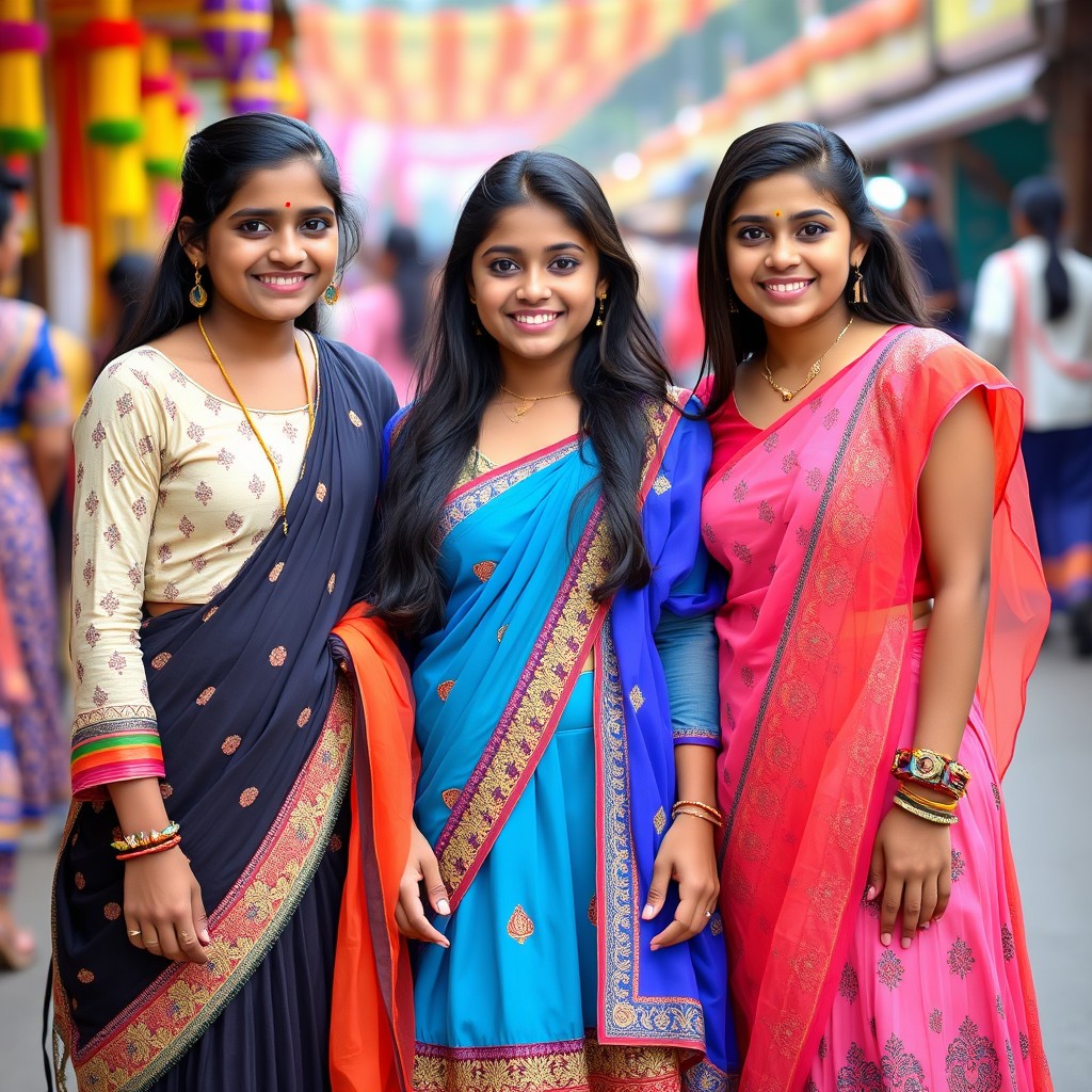 Three Indian girls wearing fashionable clothing, showcasing vibrant colors and traditional designs, with big smiles on their faces