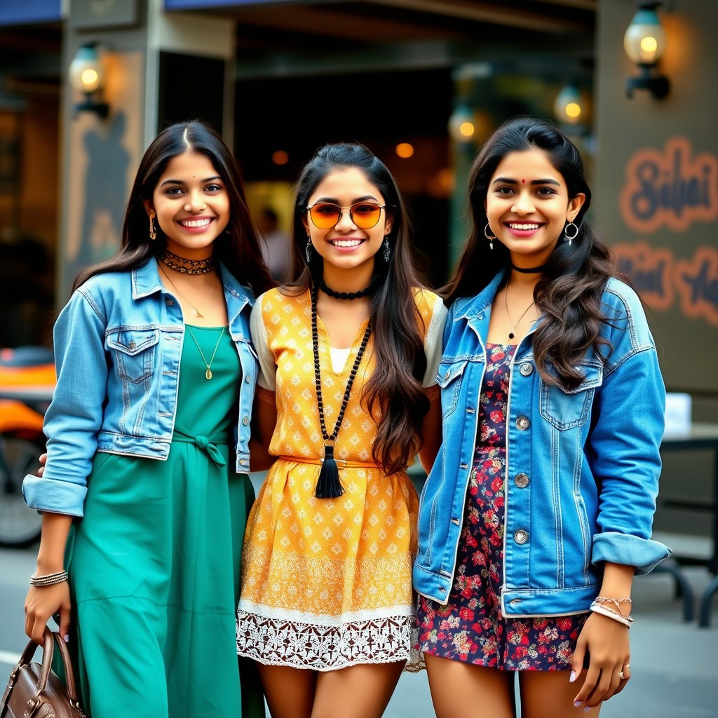 Three Indian girls dressed in stylish western fashion, featuring chic outfits such as trendy dresses, denim jackets, and fashionable accessories