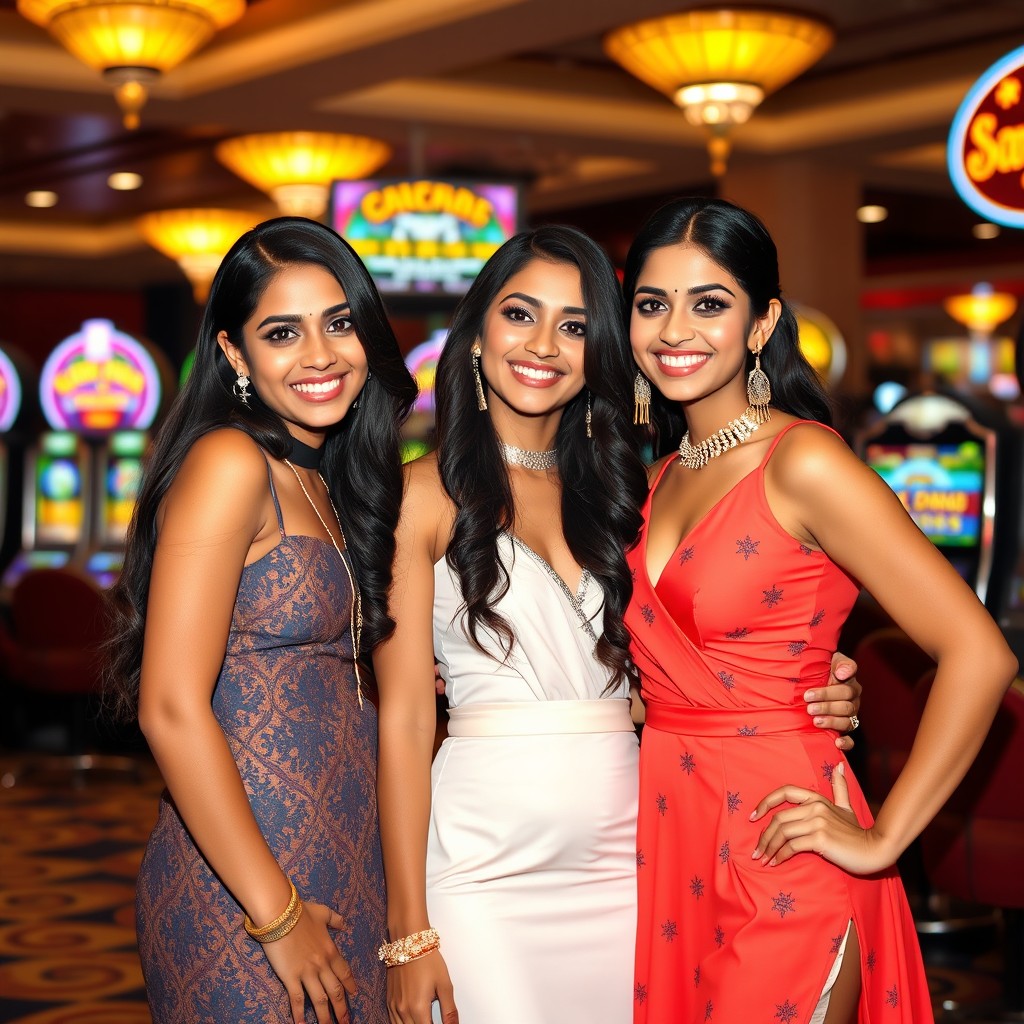 Three Indian girls dressed in stylish western fashion, including glamorous outfits suitable for a night out, like elegant dresses and fashionable accessories, smiling joyfully as they pose together in a lively casino environment