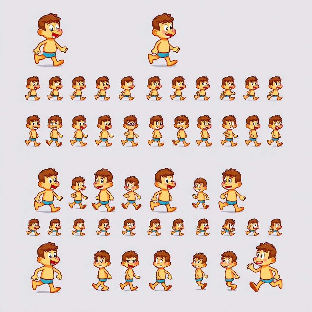A sprite sheet for a 2D top-down character, featuring multiple clear and concise animations such as walking, running, and idle poses, each designed in a 32x32 pixel format with a transparent background