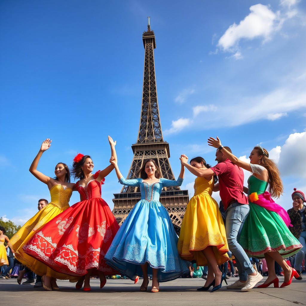 A group of joyful people holding hands in a circle, dancing together with beautiful costumes, showcasing vibrant colors and intricate designs